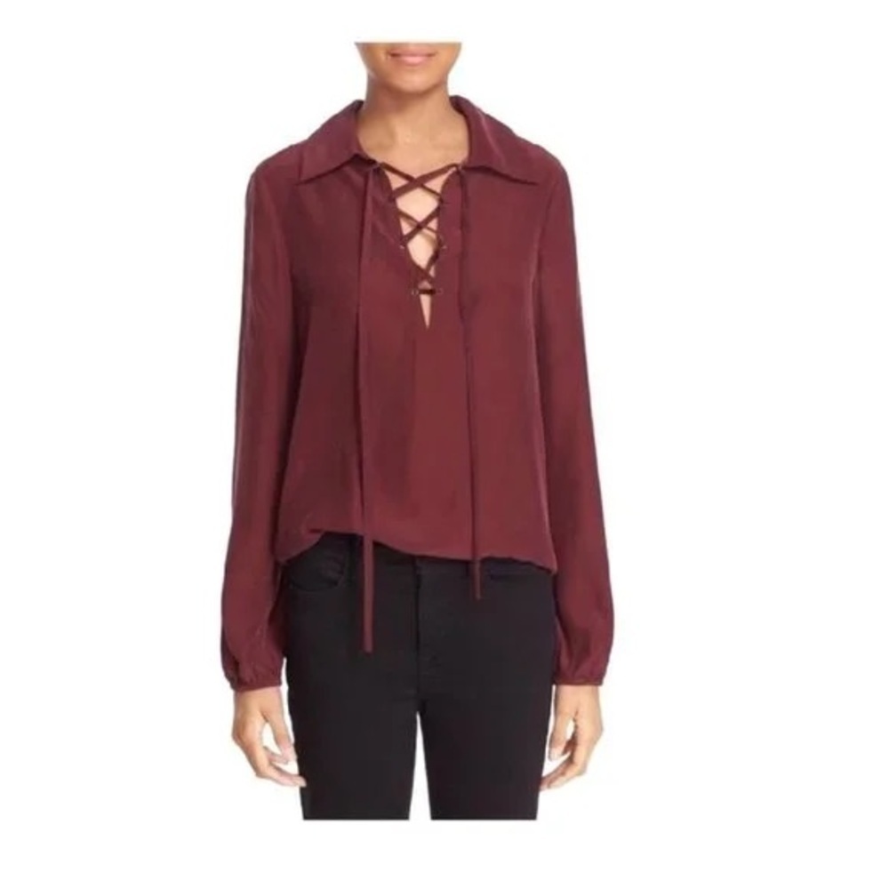 Frame Le Lace Up Blouse In Mahogany Size Small Silk Boho Chic Long Sleeve